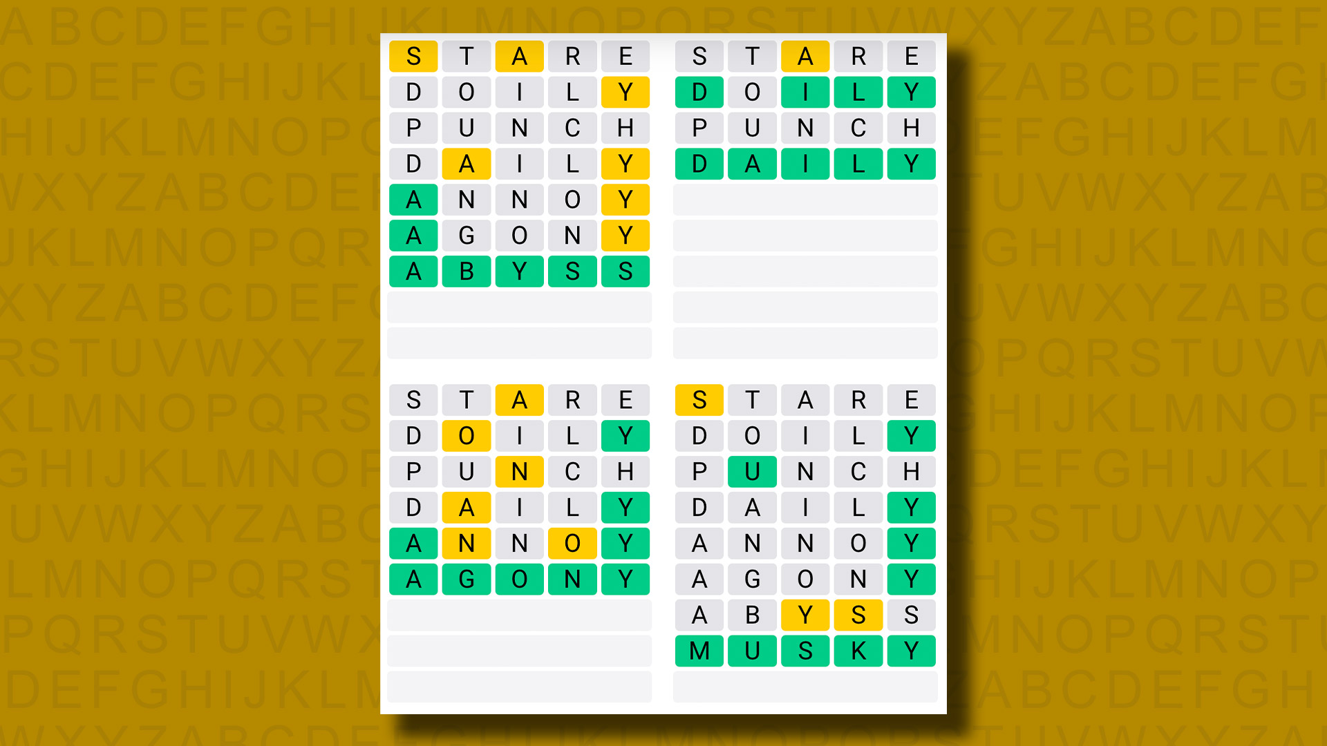 Quordle answers for game 946 on a yellow background