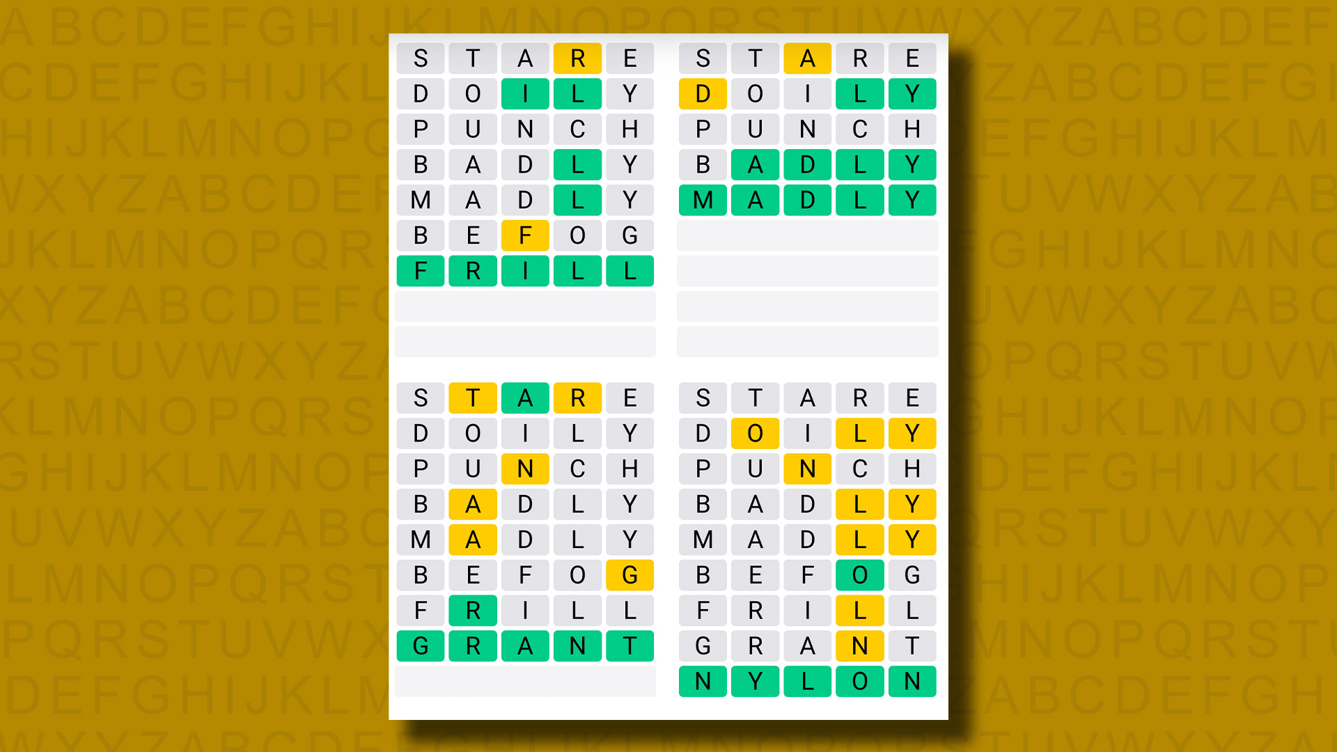 Quordle answers for game 981 on a yellow background