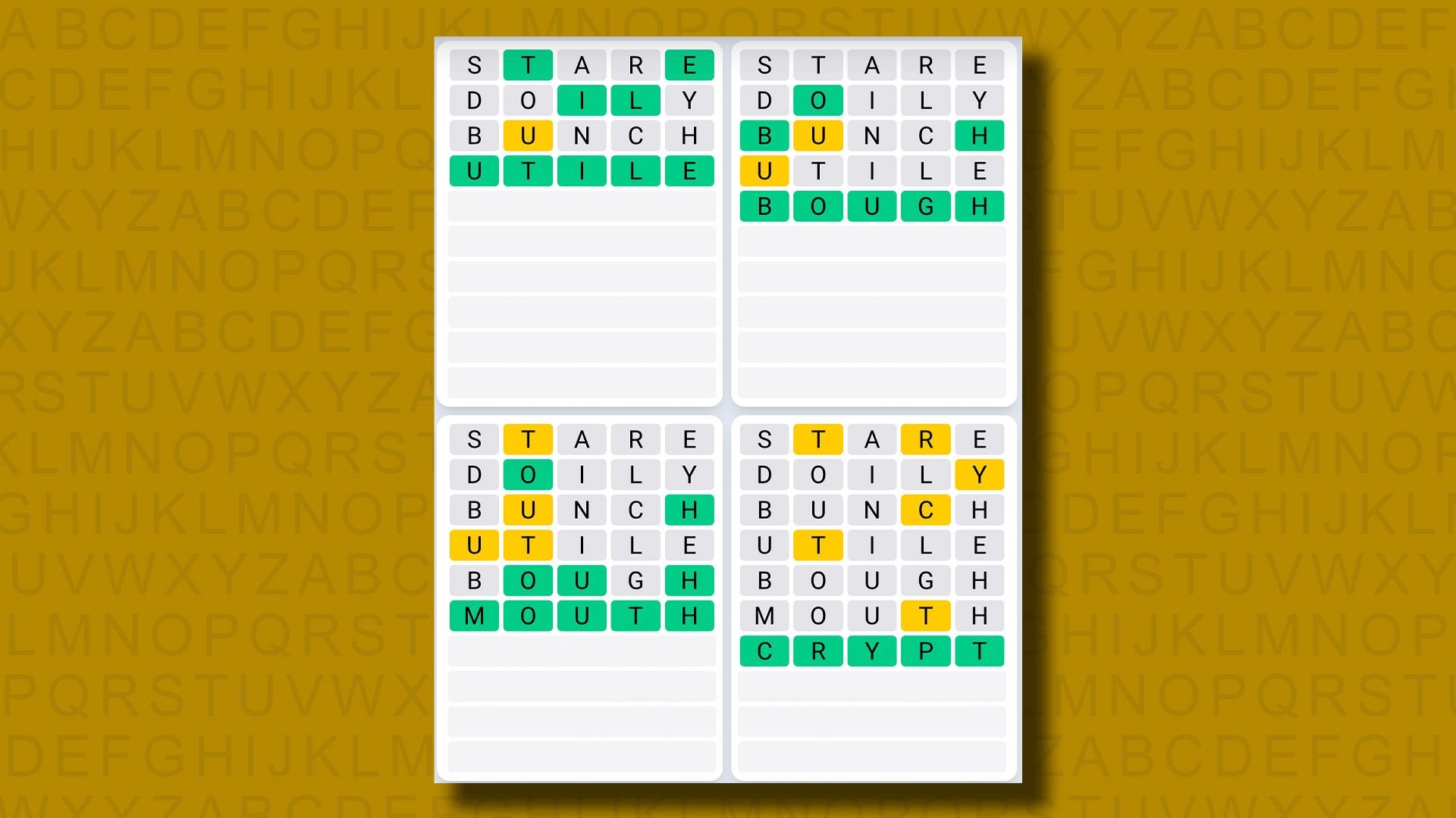 Quordle daily sequence answers for game 950 on a yellow background