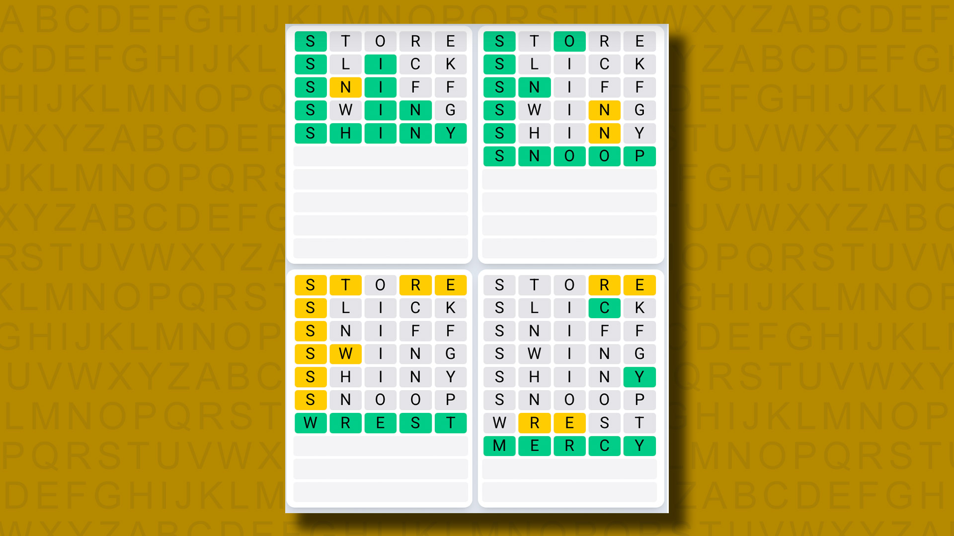 Quordle Daily Sequence answers for game 1176 on a yellow background