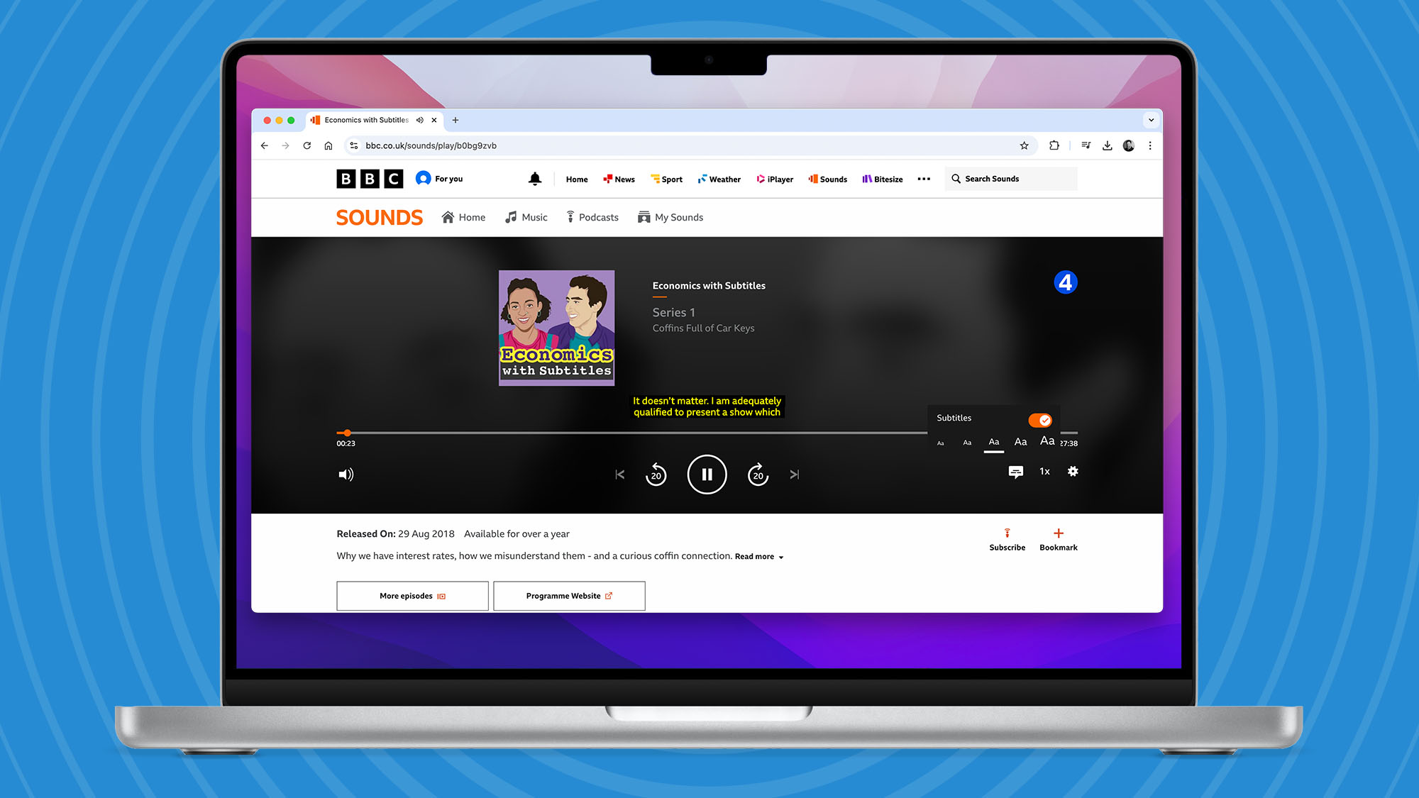 BBC Sounds showing subtitles on a MacBook.