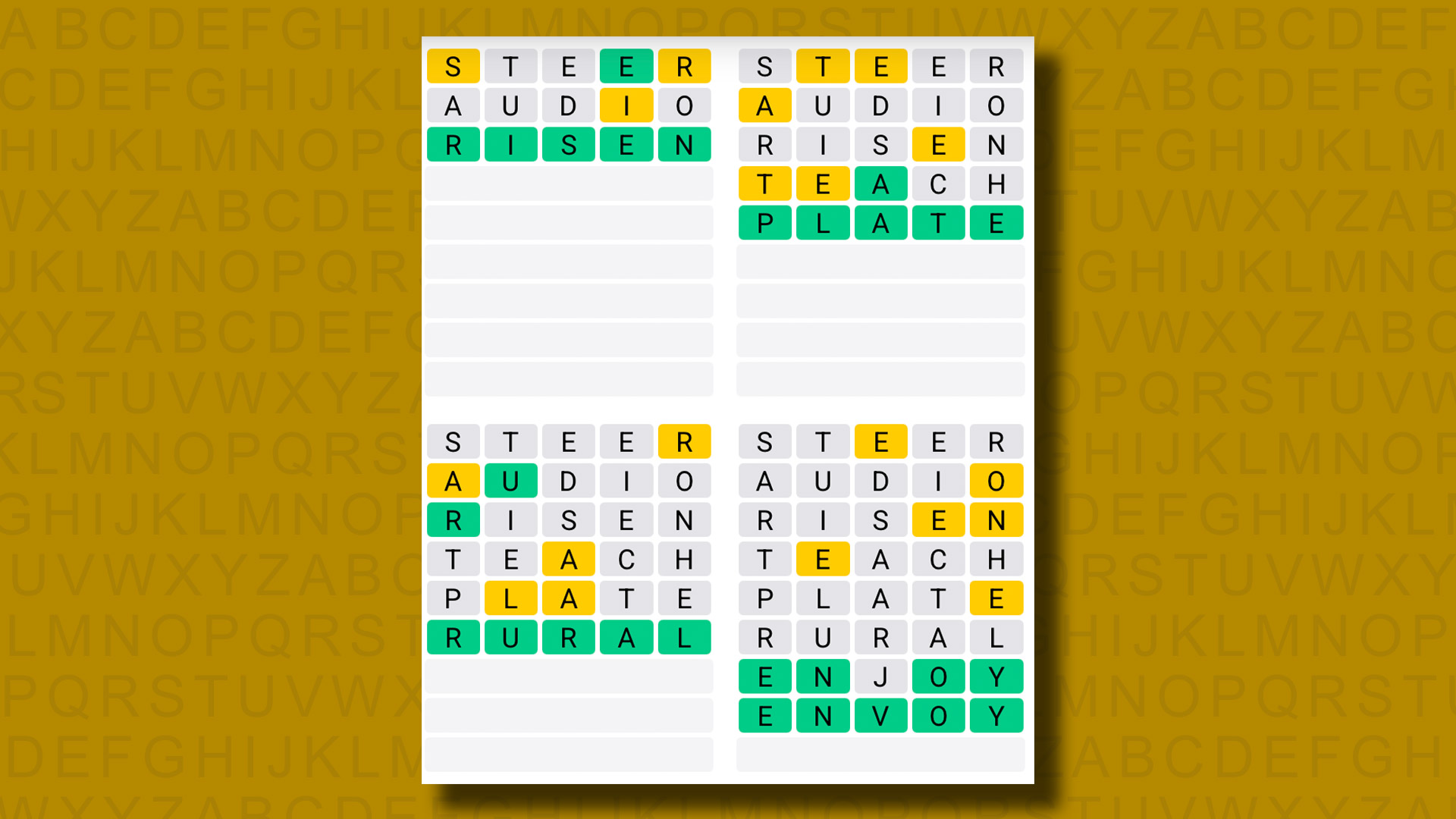 Quordle answers for game 1087 on a yellow background