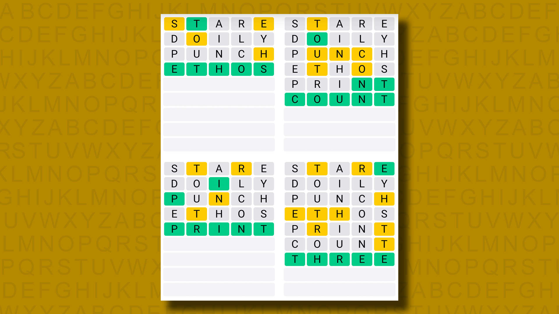 Quordle answers for game 967 on a yellow background