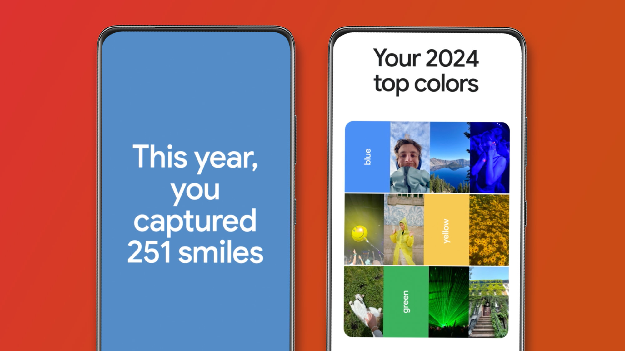 Two phones on an orange background showing the Google Photos Recap highlights reel