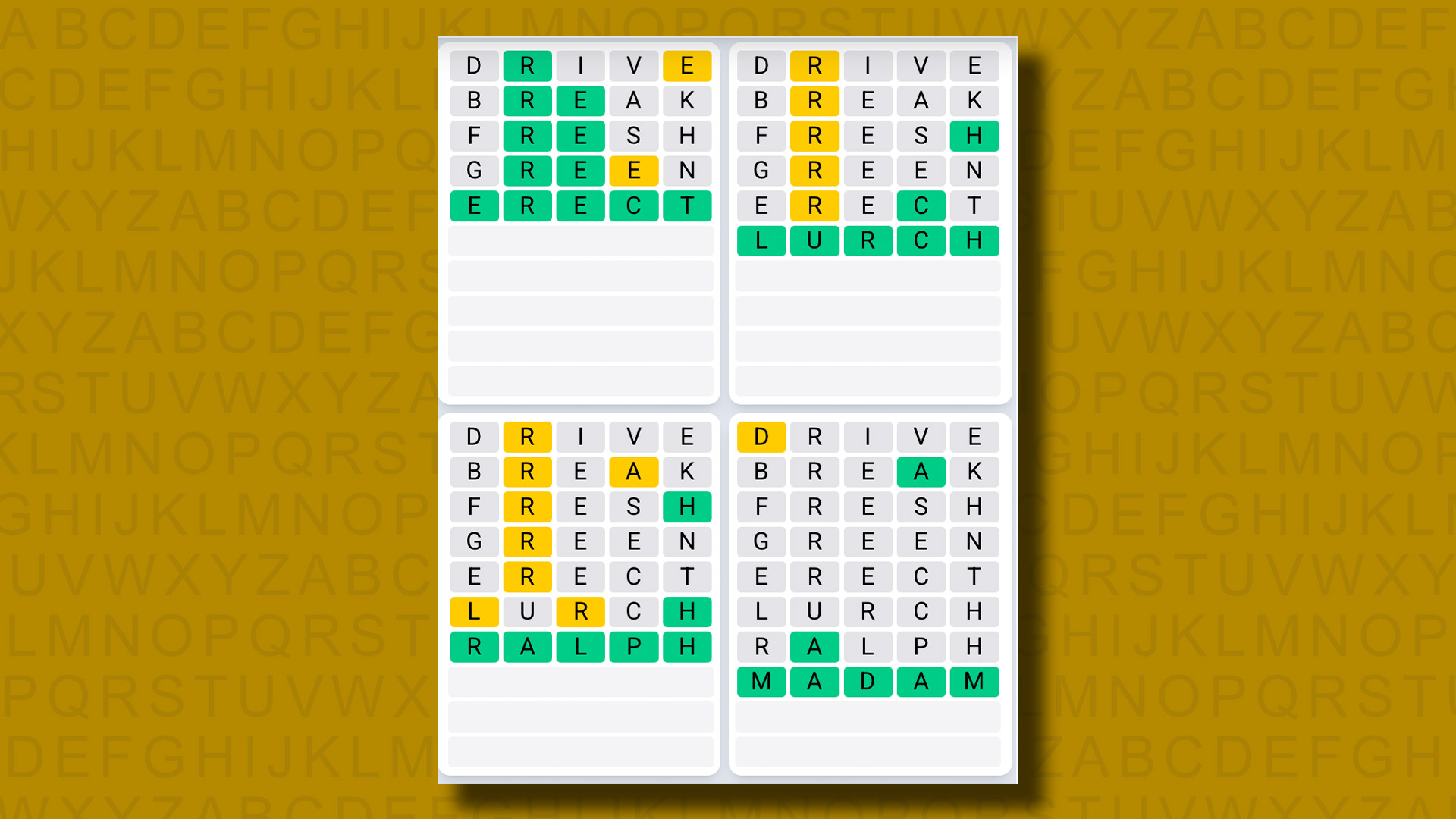 Quordle Daily Sequence answers for game 1165 on a yellow background