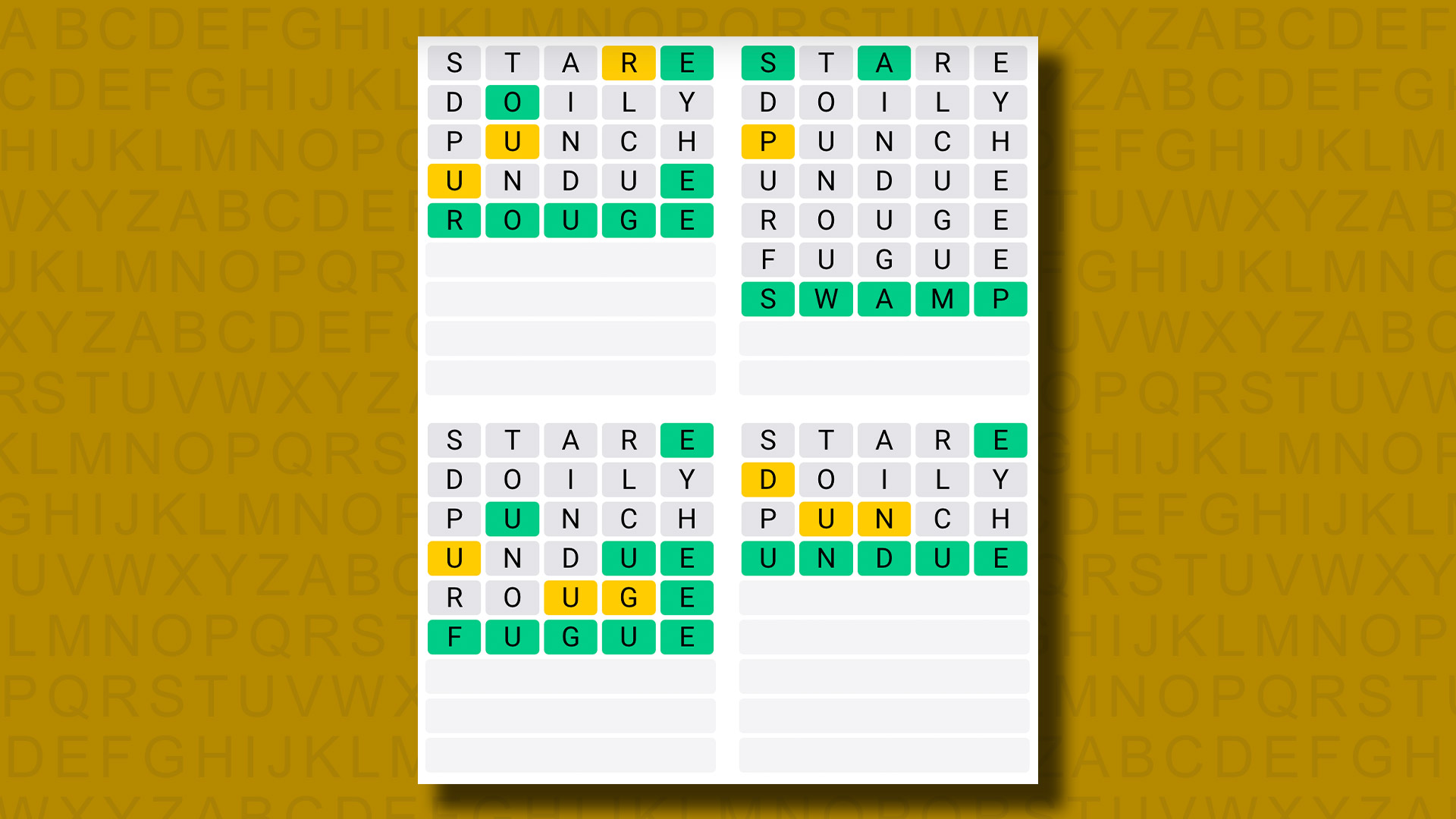 Quordle answers for game 966 on a yellow background