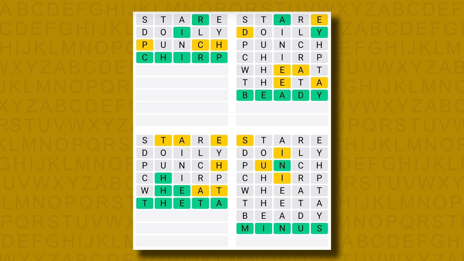 Quordle answers for game 959 on a yellow background