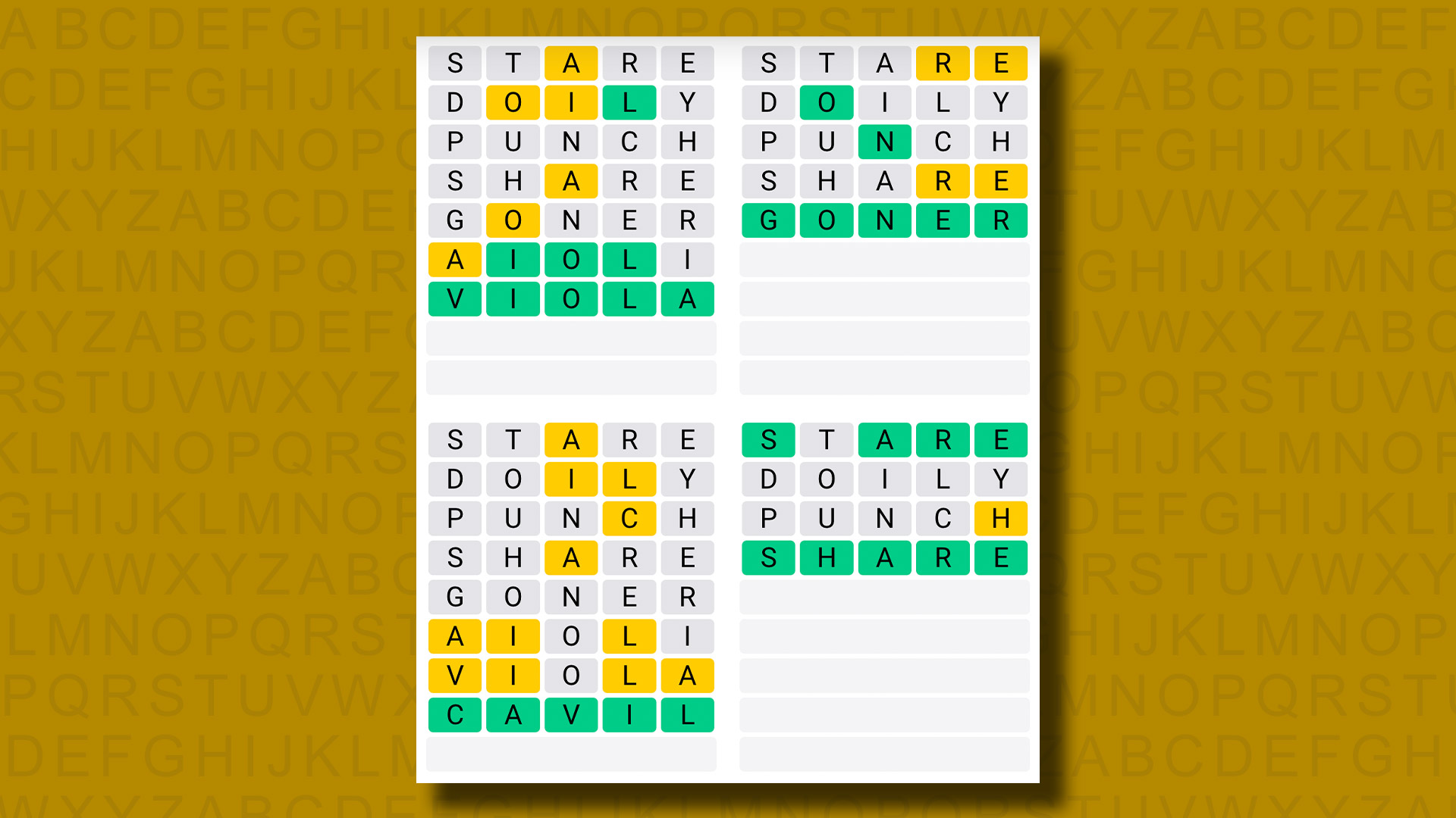 Quordle answers for game 947 on a yellow background