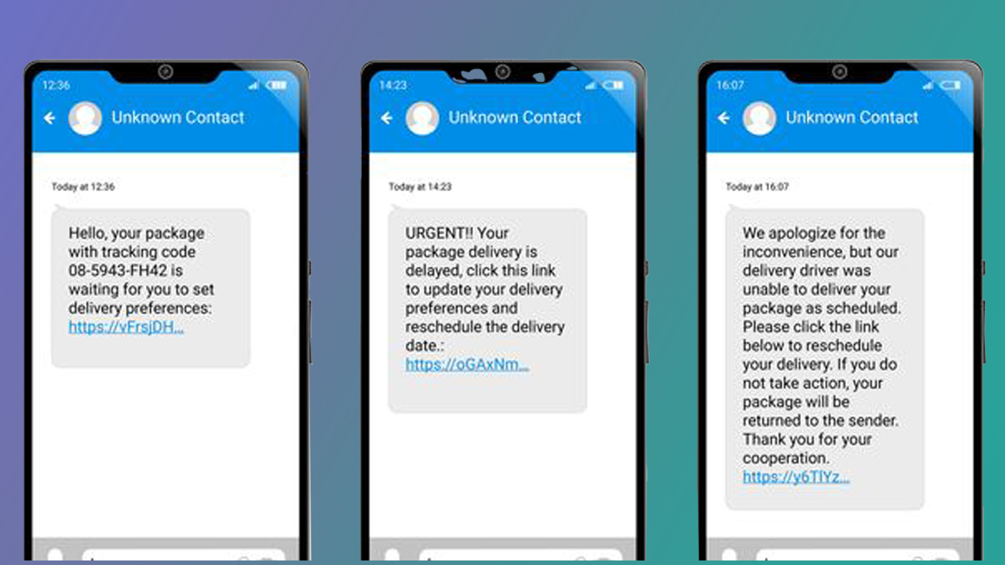 Three phones on a blue and green background showing scam 'missed parcel' SMS text messages