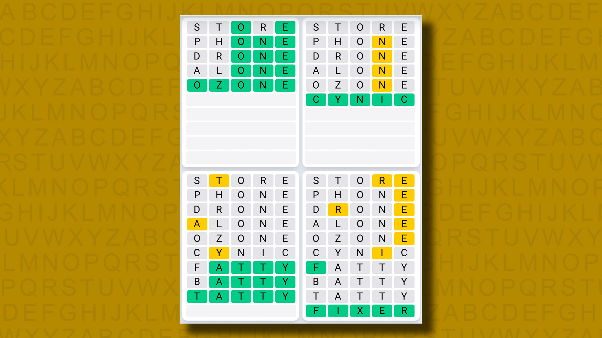 Quordle Daily Sequence answers for game 1054 on a yellow background