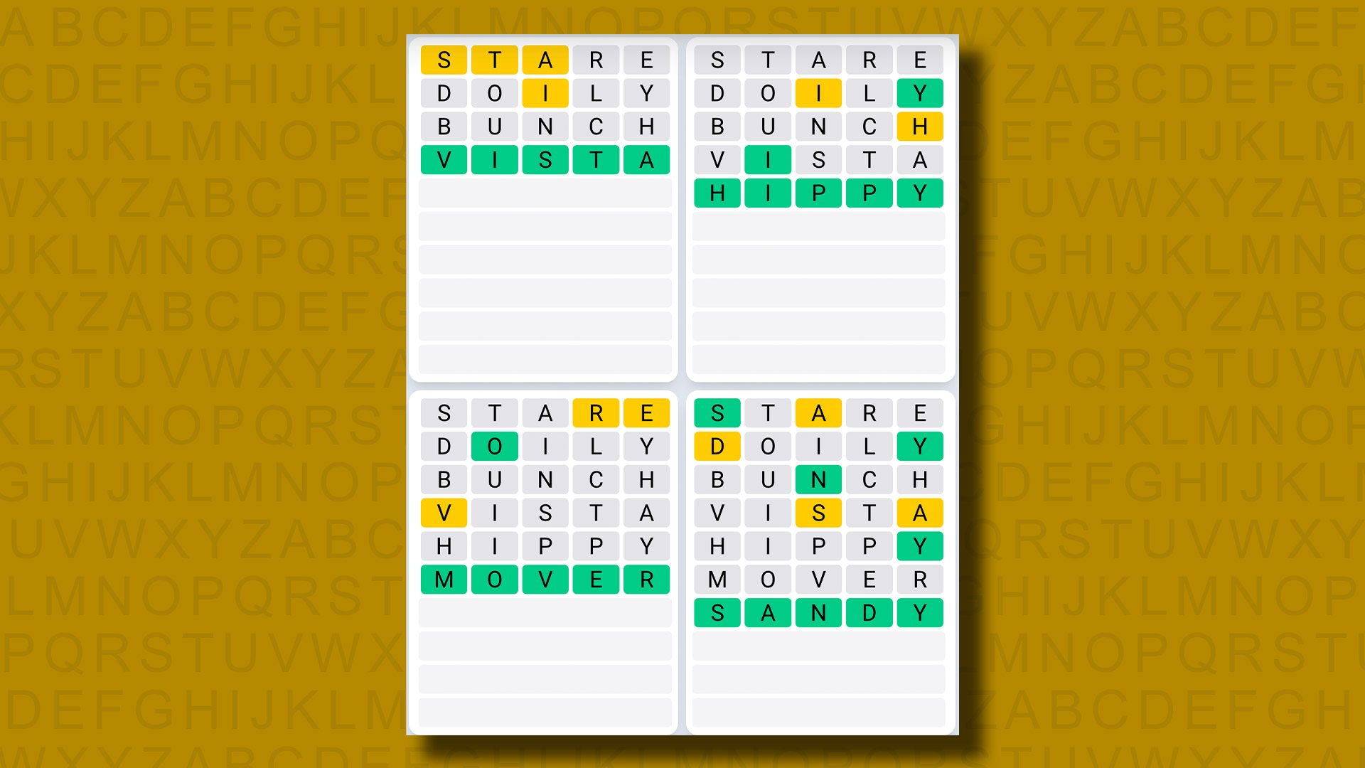 Quordle daily sequence answers for game 949 on a yellow background