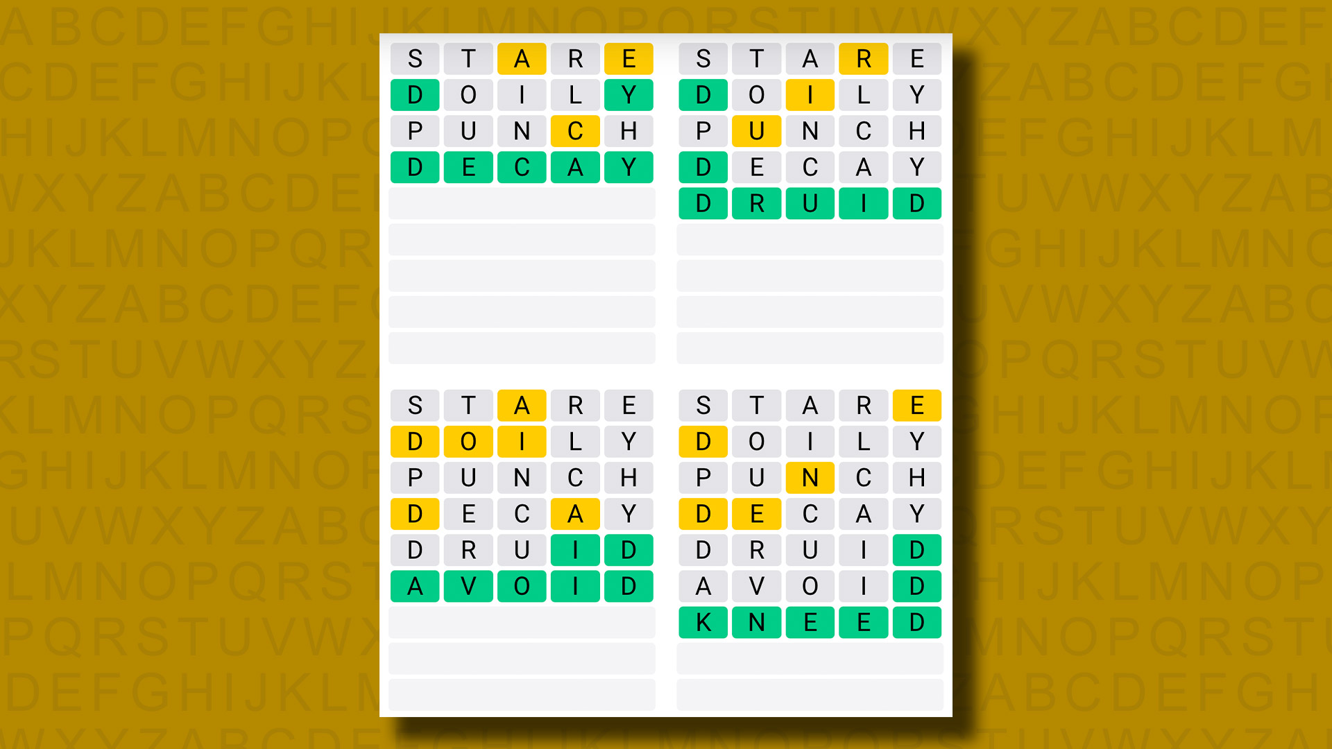 Quordle answers for game 948 on a yellow background