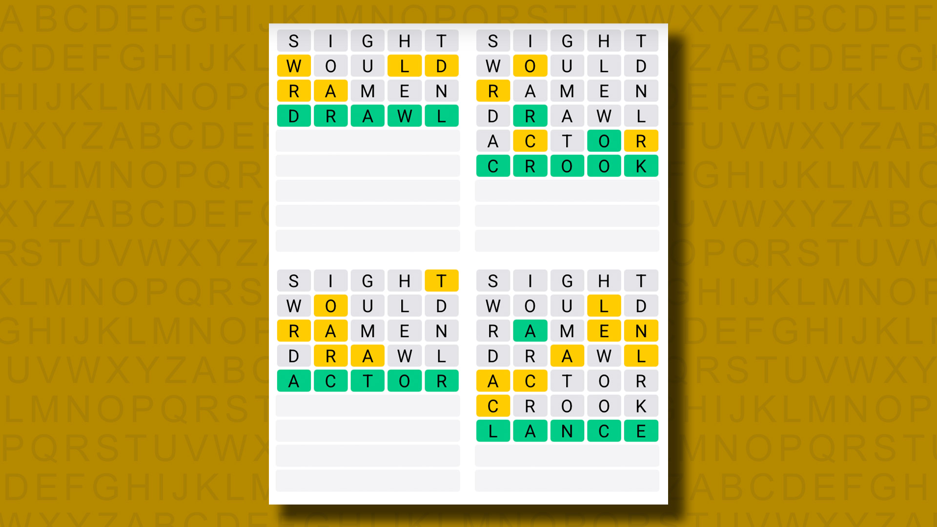 Quordle answers for game 1176 on a yellow background