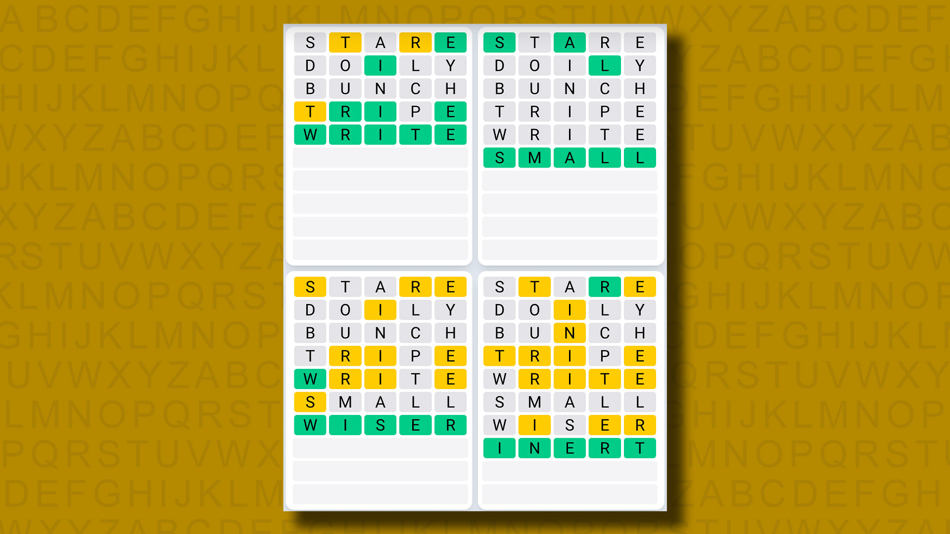 Quordle daily sequence answers for game 946 on a yellow background