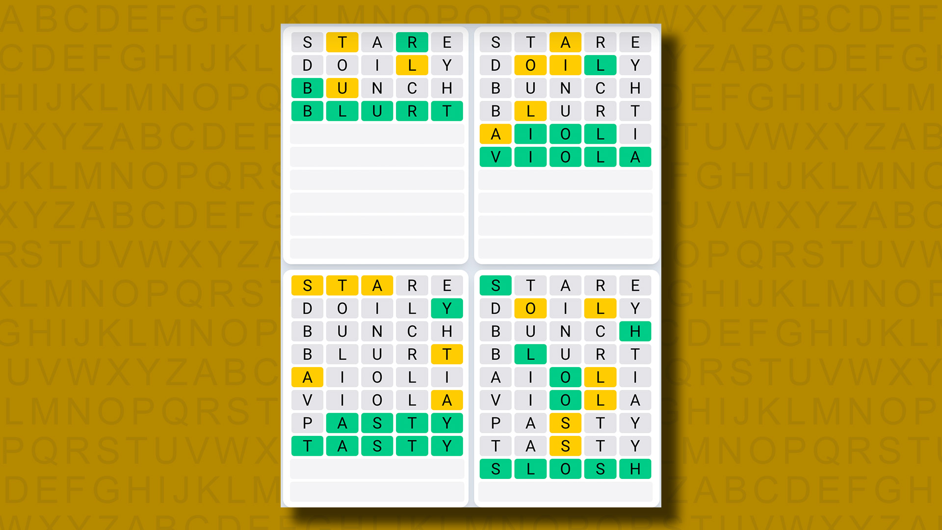 Quordle daily sequence answers for game 951 on a yellow background