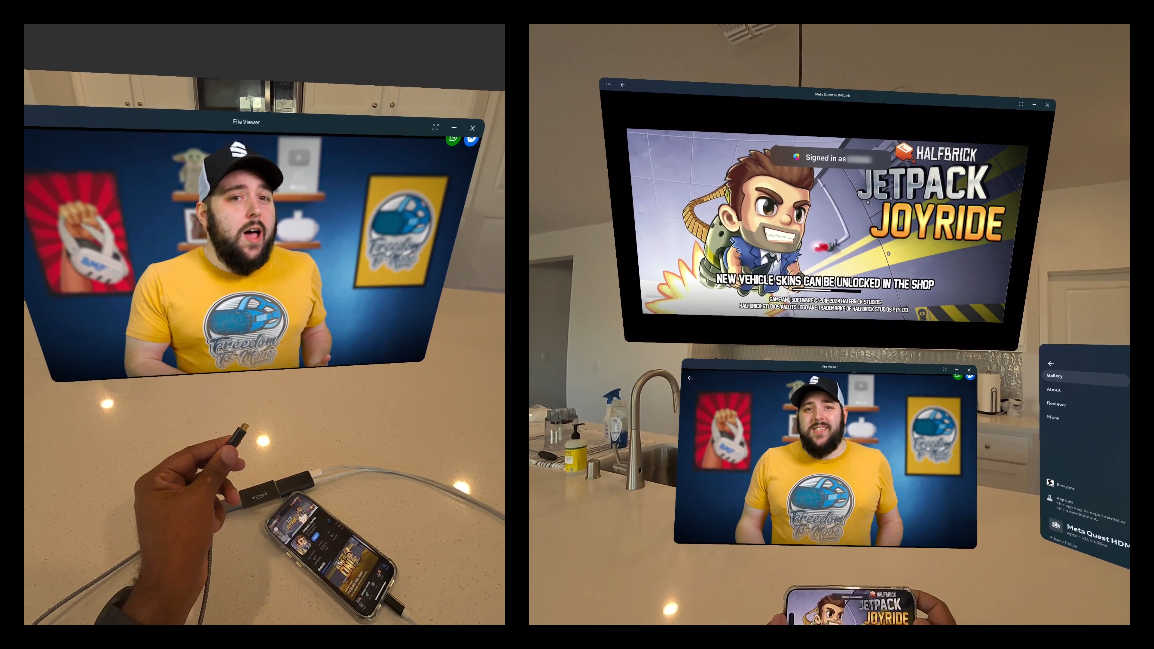 Meta Quest HDMI Link being used to play Jetpack Joyride from an iPhone on a Meta Quest 3