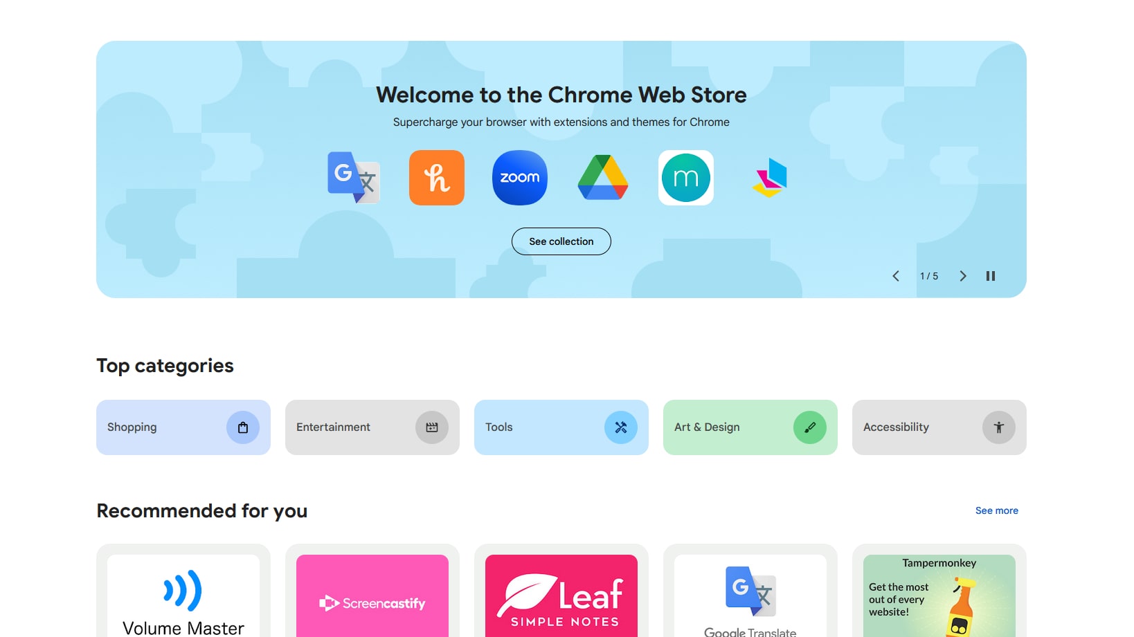 The Google Chrome Web Store, showing the new design and layout.