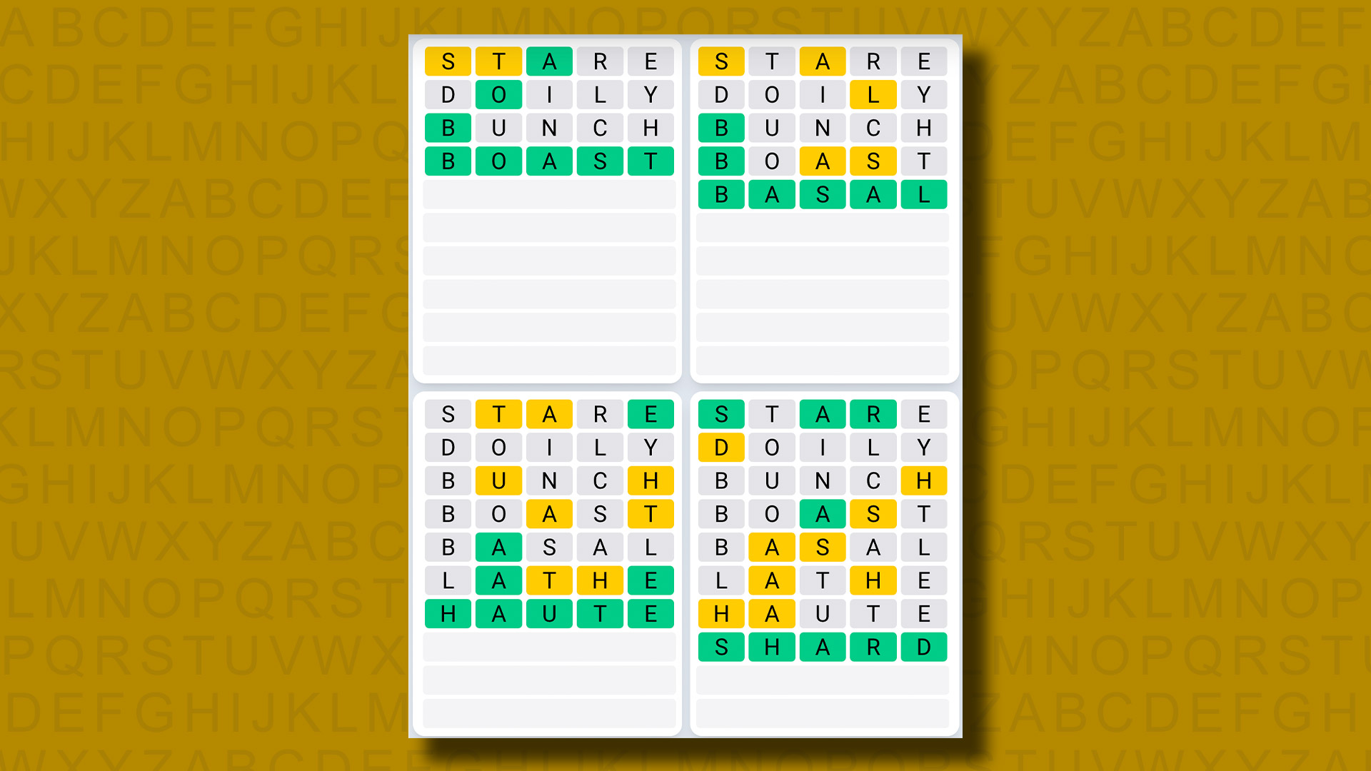 Quordle Daily Sequence answers for game 953 on a yellow background