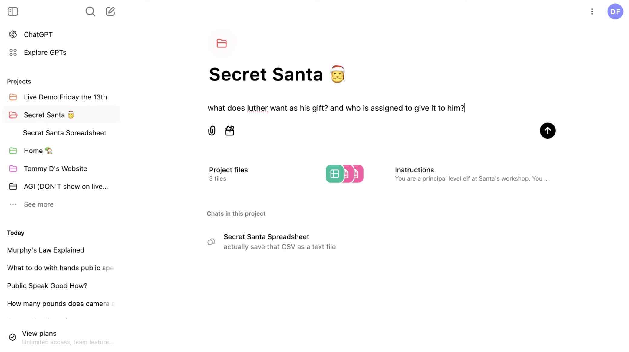 Using Projects for ChatGPT for Secret Santa