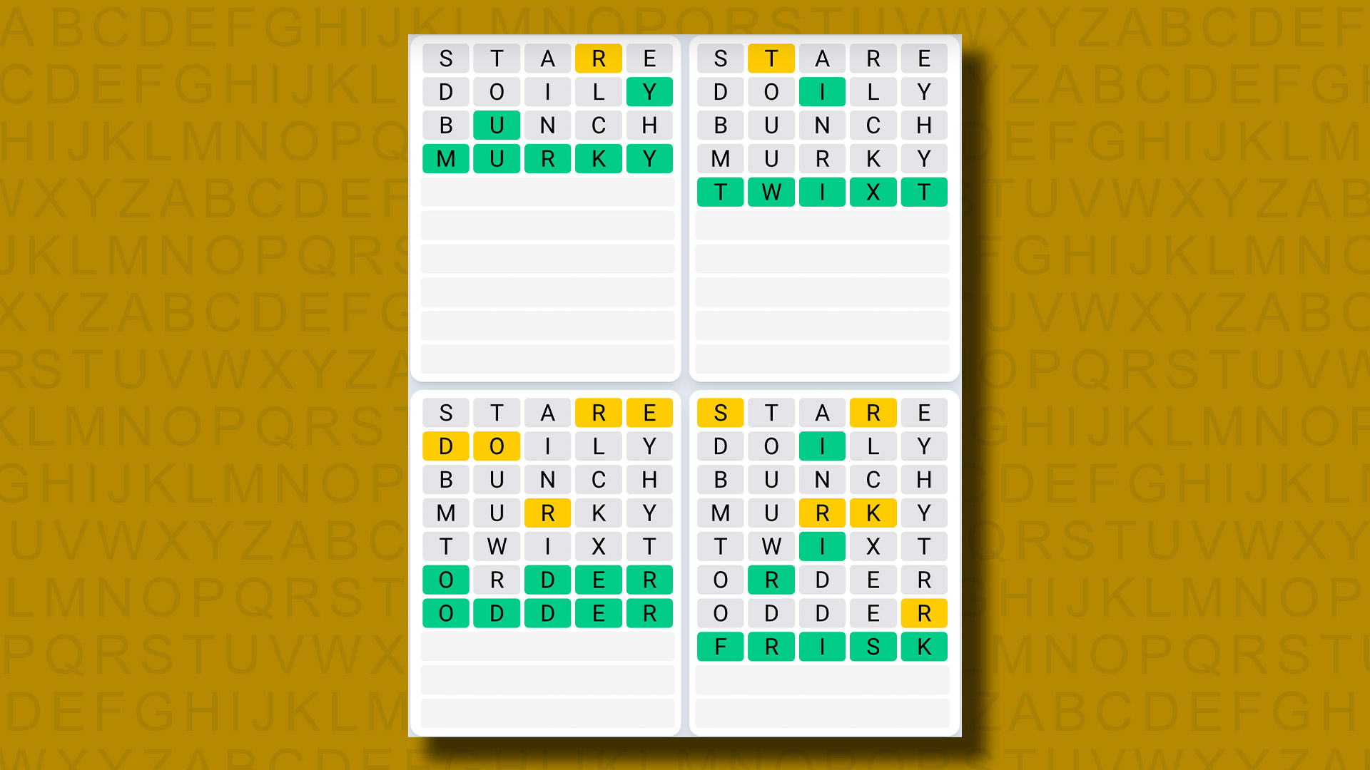 Quordle Daily Sequence answers for game 941 on a yellow background