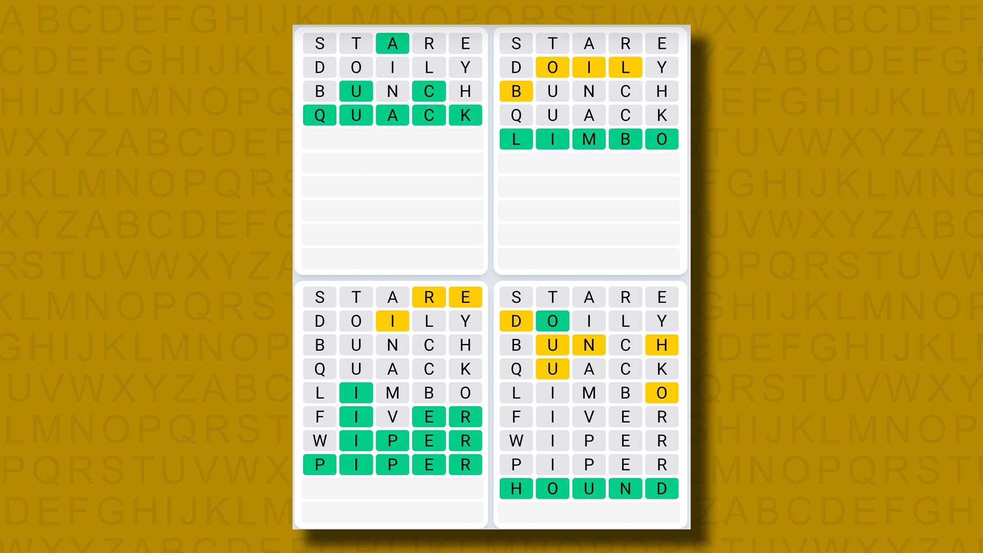 Quordle Daily Sequence answers for game 981 on a yellow background