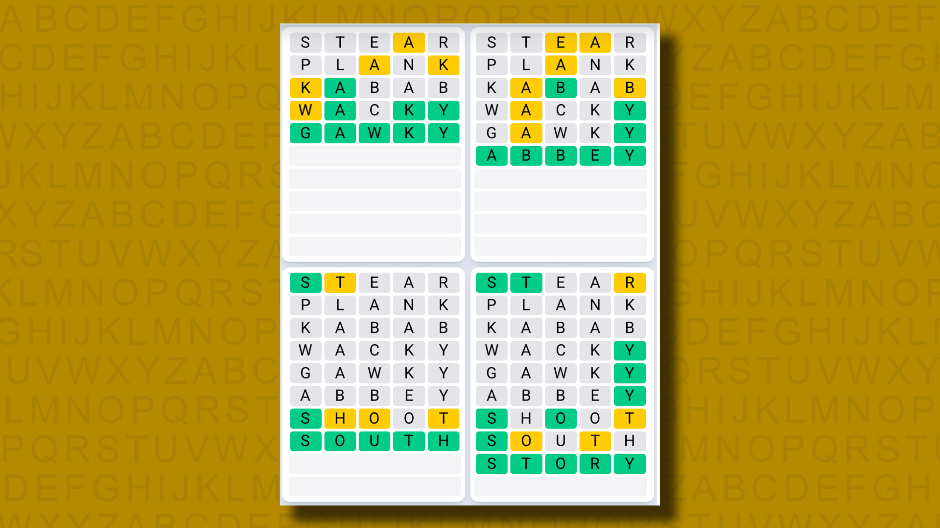 Quordle Daily Sequence answers for game 1189 on a yellow background