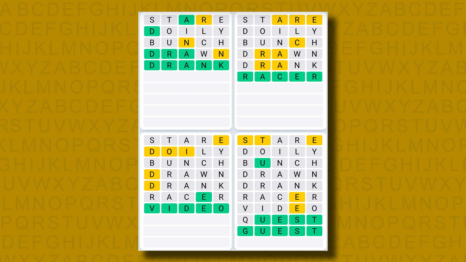 Quordle Daily Sequence answers for game 939 on a yellow background