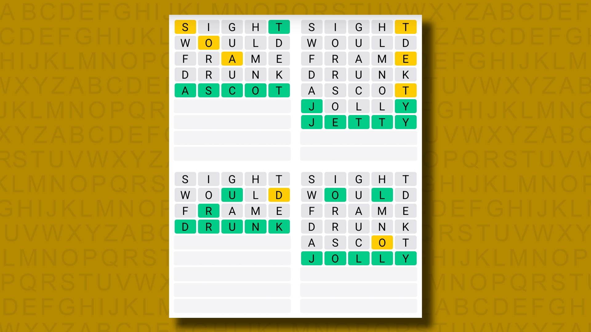 Quordle answers for game 1165 on a yellow background