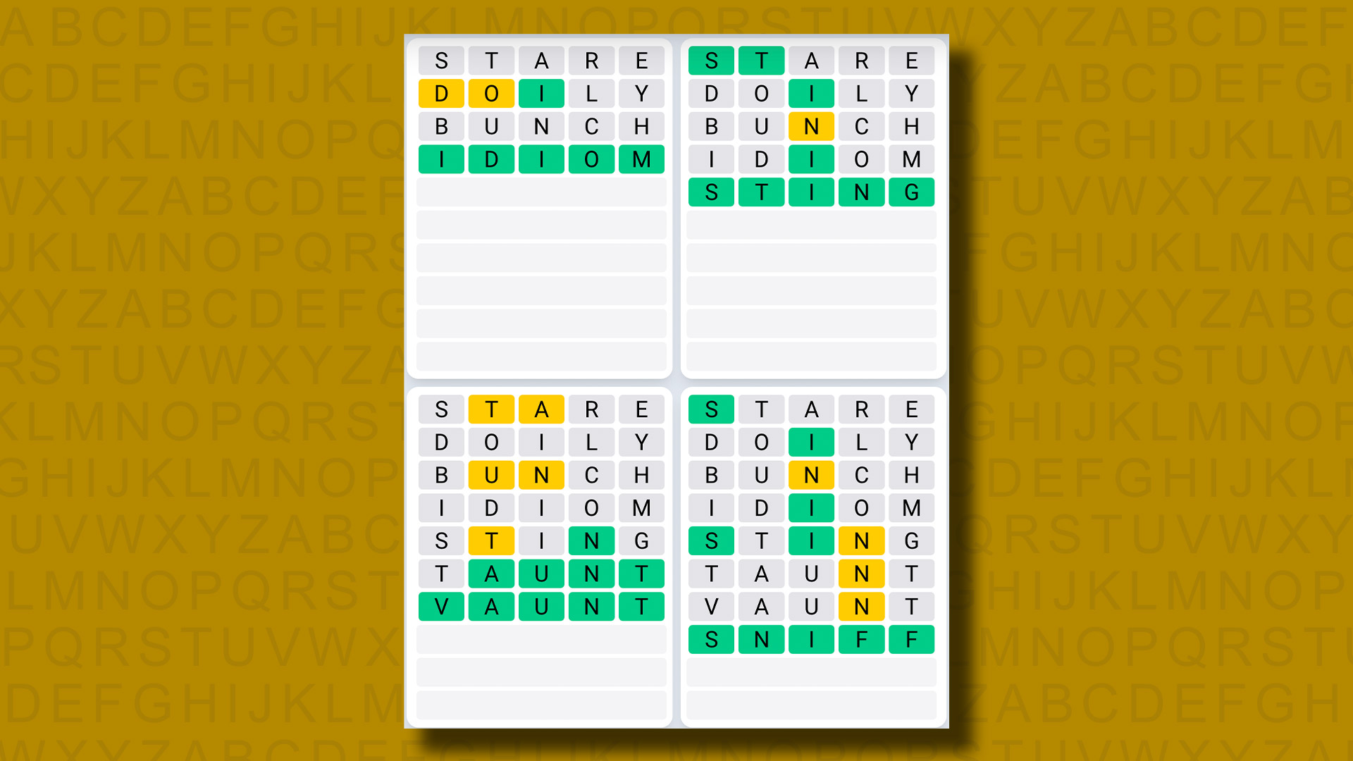 Quordle daily sequence answers for game 945 on a yellow background