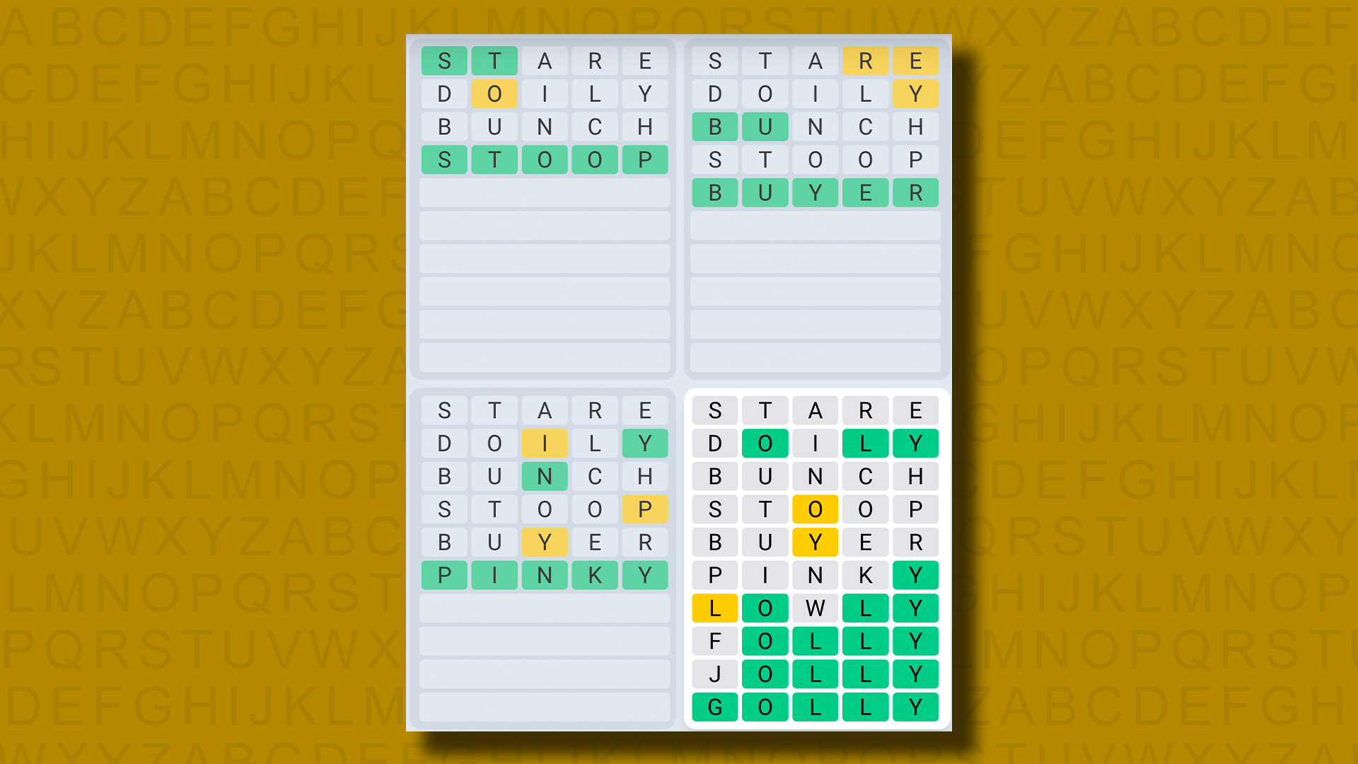 Quordle Daily Sequence answers for game 1015 on a yellow background