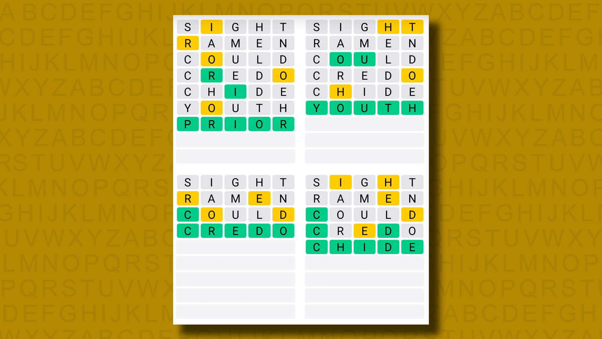 Quordle answers for game 1189 on a yellow background
