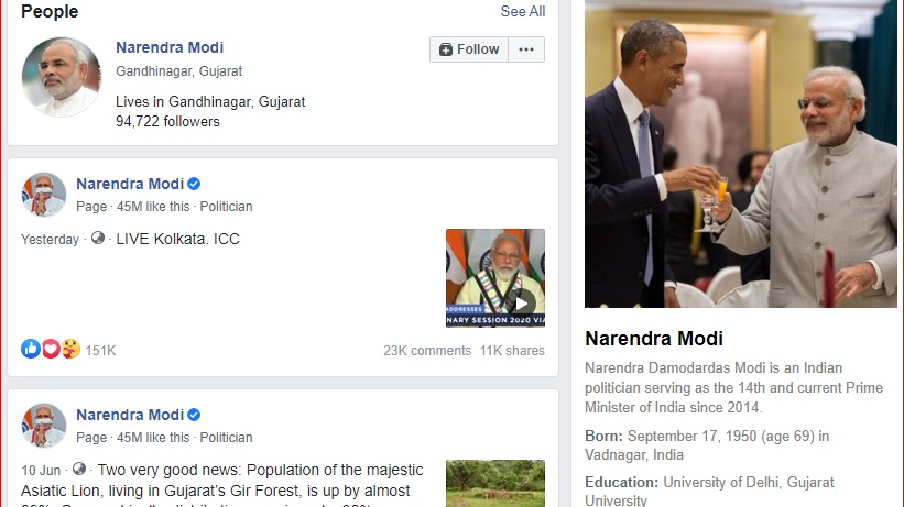 Screenshot of a search on Narendra Modi with Wiki link at the right
