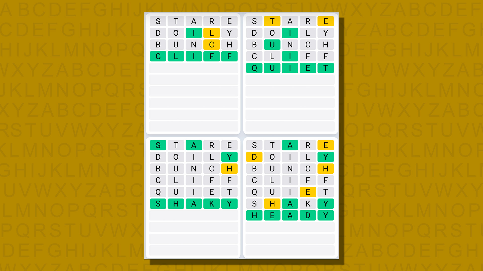 Quordle daily sequence answers for game 817 on a yellow background