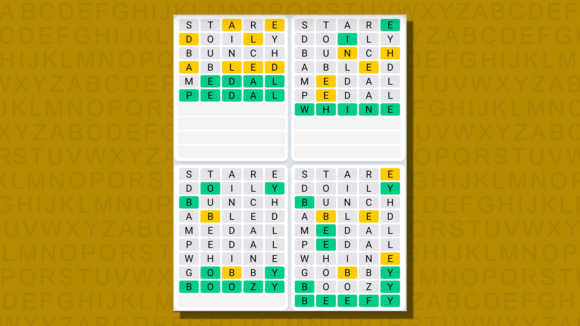 Quordle daily sequence answers for game 810 on a yellow background