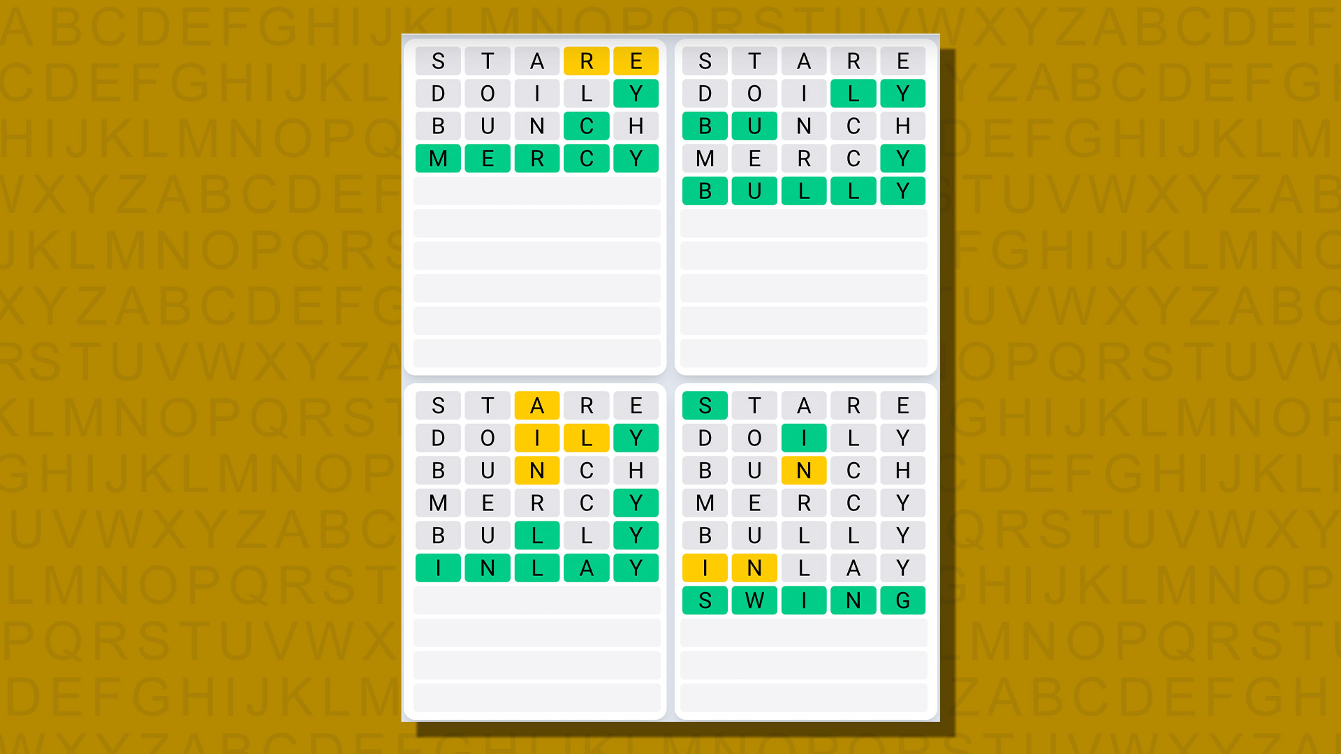 Quordle daily sequence answers for game 807 on a yellow background